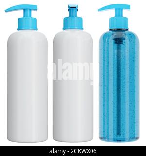 3d Rendern Illustration eines flüssigen antibakteriellen Seifenmockup isoliert auf weißem Hintergrund. Vorderansicht enthält transparente und lichtundurchlässige Kunststoffflasche w Stockfoto