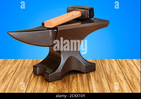 Amboss und Hammer auf dem Holztisch. 3D-Rendering Stockfoto