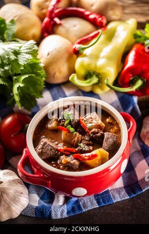 Schüssel Gulaschsuppe mit Fleisch, Kartoffeln und Chilis neben rohen Zutaten für den Eintopf Stockfoto