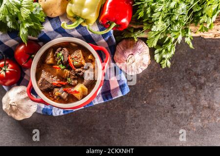 Schüssel Gulaschsuppe mit Fleisch, Kartoffeln und Chilis neben rohen Zutaten für den Eintopf Stockfoto