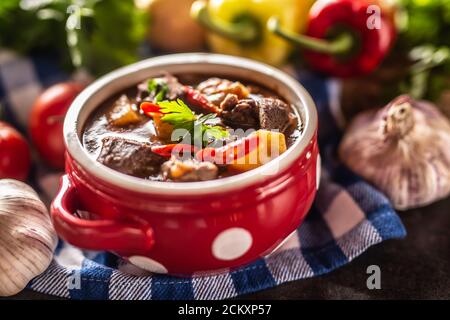 Schüssel Gulaschsuppe mit Fleisch, Kartoffeln und Chilis neben rohen Zutaten für den Eintopf Stockfoto