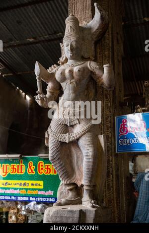 Berühmte hinduistische Göttin Statue am Minakshi Tempel in Madurai, Tamil Nadu, indien Stockfoto