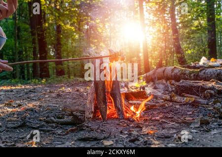 Gebratener Speck über einem Lagerfeuer während des Campens im Wald Im Freien im Wald bei Sonnenuntergang aus nächster Nähe Stockfoto