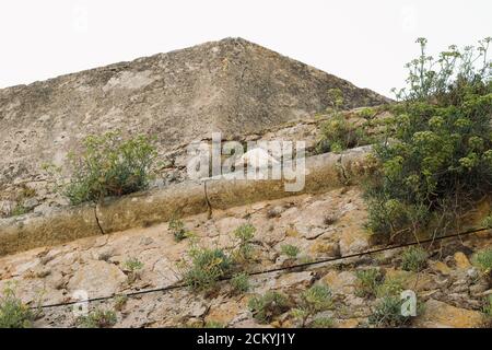 Taube, die auf der zerstörten Festungsmauer sitzt Stockfoto