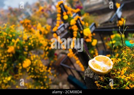 Ein Obstangebot wird auf einem Steinkreuz zwischen den verzierten Gräbern auf einem Friedhof während der Tag der Toten Feiern in Ayutla, Mexiko platziert gesehen. Stockfoto