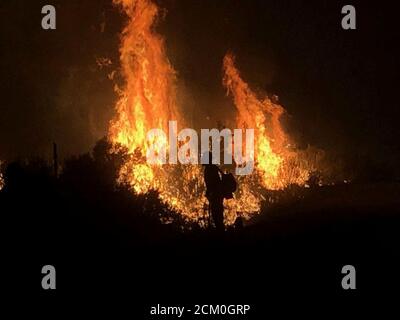 Feuerwehrleute arbeiten, um das Pine Gulch Feuer auf dem westlichen Hang während der Nacht Operationen 21. August 2020 in der Nähe von Grand Junction, Colorado einzudämmen. Das Waldfeuer ist das größte in der Geschichte Colorados und zerstört Zehntausende von Ranch- und Wildtierhabitaten. Stockfoto