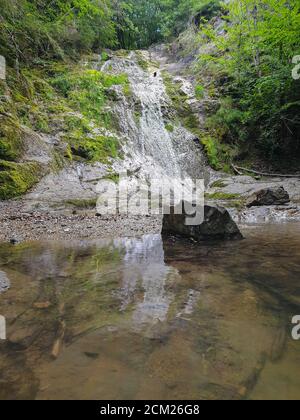 Cheile Borzesti Schluchten natürlichen Flussgebiet. Wasserfall auf kleinen Fluss in dichten Wald in Cluj County, Siebenbürgen, Rumänien. Schöne Landschaft in Chei Stockfoto