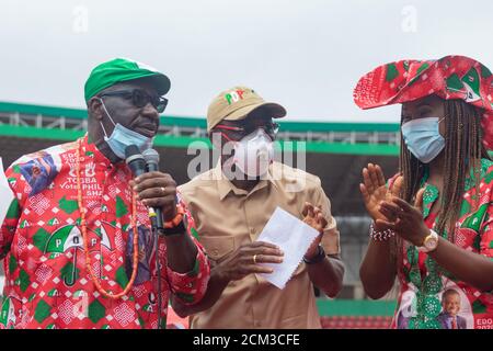 PDP Mega Rally für Edo State Governorship Wahl Godwin Obaseki Gewinnt die Gouverneurswahl des Edo-Bundesstaates Stockfoto