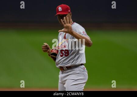 Milwaukee, Wisconsin, USA. September 2020. 16. September 2020: St. Louis Cardinals starten Pitcher Johan Oviedo #59 während der Major League Baseball-Spiel zwischen den Milwaukee Brewers und den St. Louis Cardinals im Miller Park in Milwaukee, WI. John Fisher/CSM Credit: CAL Sport Media/Alamy Live News Stockfoto