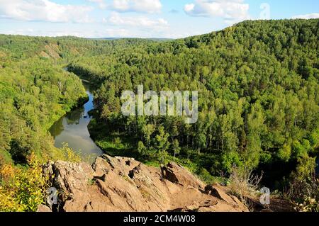 Ein ruhiger, gewundener Fluss fließt an einem warmen Sommerabend durch einen Nadelwald. Berdsk Felsen, Nowosibirsk Region. Stockfoto