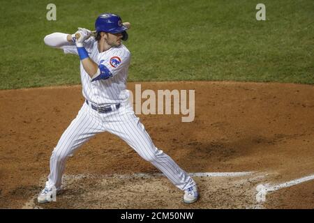 Chicago, Usa. September 2020. Chicago Cubs' Kris Bryant Fledermäuse gegen die Cleveland Indians in der dritten Inning bei Wrigley Field am Mittwoch, 16. September 2020 in Chicago. Foto von Kamil Krzaczynski/UPI Credit: UPI/Alamy Live News Stockfoto