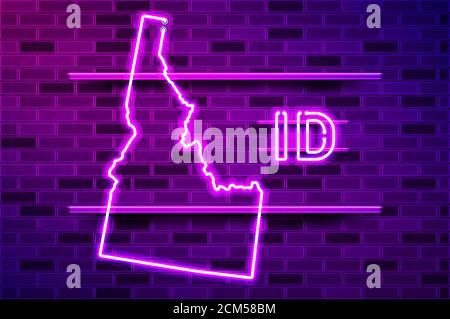 Idaho US Staat glühenden Neon Lampe Zeichen. Realistische Darstellung. Lila Ziegelwand, violette Glow, Metallhalter. Stockfoto