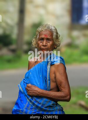 Natürliche Schönheit in Kerala Tourismus, gottes eigenes Land, Kerala Touristenattraktion der alten Stammesdame, Kerala Dorf Stammeskultur Stockfoto