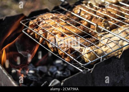 Nahaufnahme über den Prozess des Kochens Schaschlik, Huhn Schaschlik geröstet über Holzkohle auf dem Grill Stockfoto