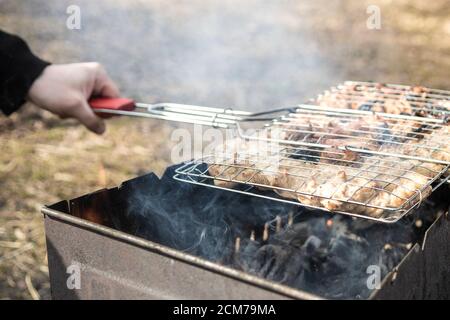 Hähnchen Schaschlik geröstet über Holzkohle auf dem Grill. Chicken Wings On Grill Stockfoto