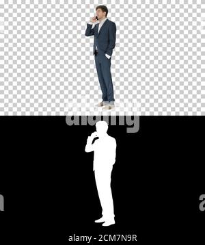 Schöner junger Geschäftsmann im Gespräch am Telefon, Alpha-Kanal w Stockfoto