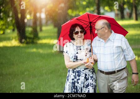 Glückliches älteres Paar mit Regenschirm. Gutaussehende ältere Männer und Frauen. Mann und Frau im Alter für einen Spaziergang. Stockfoto