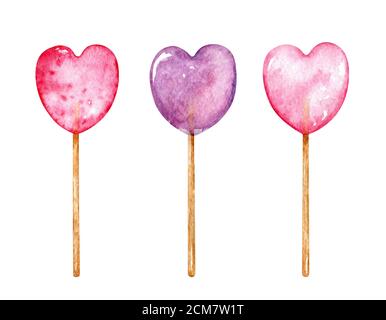 Set von Aquarell-Lollipops in Herzform. Rosa und violette Süßigkeiten auf Sticks isoliert auf weißem Hintergrund. Handgezeichnete Illustration. Stockfoto