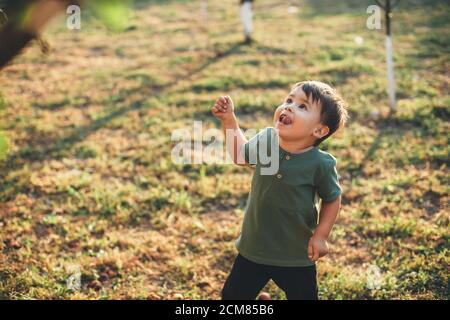 Glücklich kaukasischen Jungen Blick auf den Baum voller Emotionen beim Spaziergang im Park Stockfoto