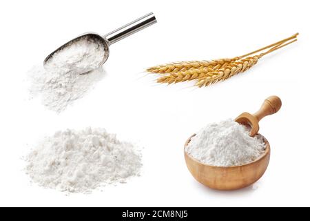 Set von Weizenmehl isoliert auf weißem Hintergrund. Weizenspikeletts und Mehl in Holzschüssel und Löffel Stockfoto