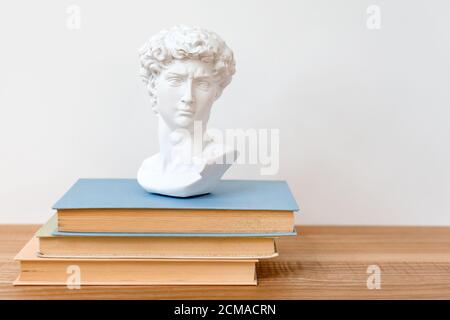 Gipskopie von Davids Kopf auf einem Bücherregal. Michelangelos David Gips Kopie Büste auf Bücher stehen. Alte griechische Skulptur, Statue des Helden auf Stockfoto