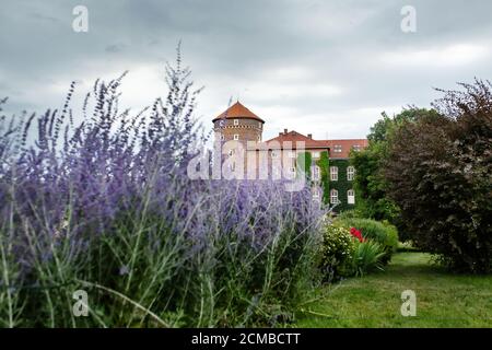 Backstein runden Turm von Wawel Schloss Residenz in Parklandschaft in Krakau, Polen, das erste UNESCO-Weltkulturerbe der Welt. Stockfoto