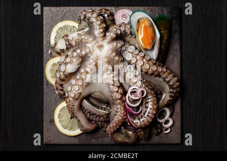 Meeresfrüchte, ganze rohe große Krake auf einem Steingericht serviert mit Muscheln, Zitrone und rote Zwiebel bereit zum Kochen, Blick von oben Stockfoto