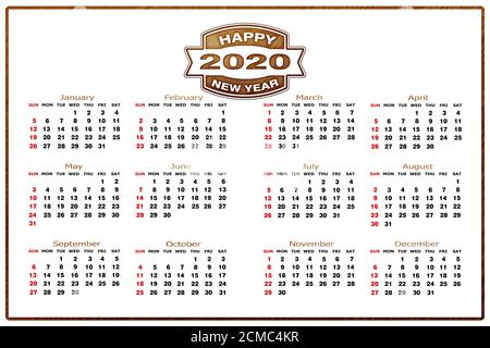 Kalender 2020 Vorlage auf weißem Hintergrund. Woche beginnt am Sonntag, Feiertage in roten Farben. Stockfoto