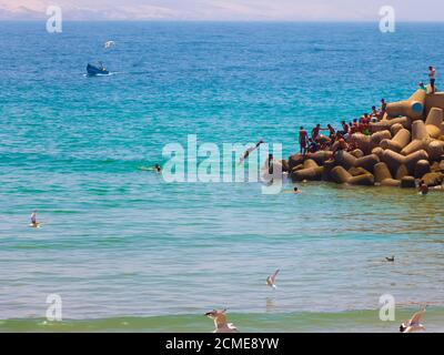 Agadir, Marokko - 14. AUGUST 2020 : Menschen schwimmen am Rande eines Hafens, im blauen atlantik, mit Möwen oben und einem blauen Boot Stockfoto