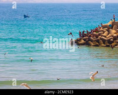 Agadir, Marokko - 14. AUGUST 2020 : Menschen schwimmen am Rande eines Hafens, im blauen atlantik, mit Möwen oben und einem blauen Boot Stockfoto