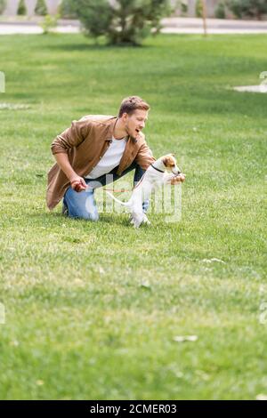 Aufgeregt Mann spielt mit Jack russell Terrier Hund auf grün Gras im Park Stockfoto
