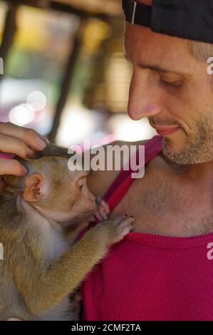 Mann hält eine junge Rhesusfaktor Macaque Macaca Mulatta auf Armp, Potrait. Stockfoto