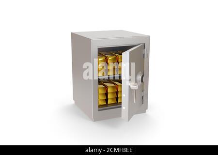 Offener Safe voller Goldbarren isoliert auf weißem Hintergrund. 3d-Illustration. Stockfoto