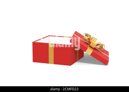 Offene rote Geschenkbox mit goldener Schleife isoliert auf weißem Hintergrund. 3d-Illustration. Stockfoto