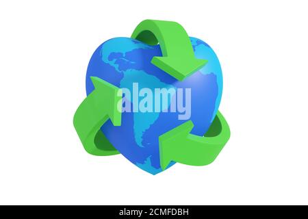 Grünes Recycling-Symbol rund um einen herzförmigen Planeten Erde isoliert auf weißem Hintergrund. 3d-Illustration. Stockfoto