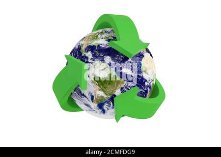 Grünes Recycling-Symbol rund um realistischen Planeten Erde isoliert auf weißem Hintergrund. 3d-Illustration. Stockfoto