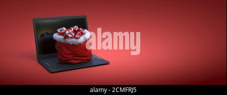 3D Rendering weihnachtstasche auf Laptop roten Hintergrund Stockfoto