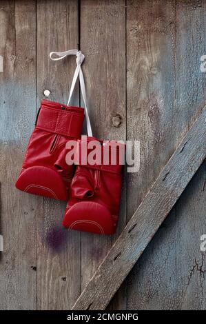 Paar rote Leder Boxhandschuhe hängen an einem Nagel Stockfoto