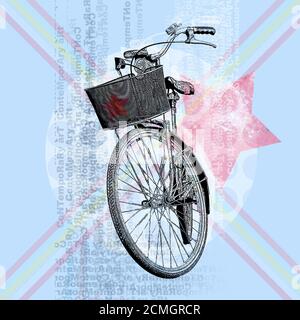 Fahrrad mit hellblauem Hintergrund. Zeitgenössisches Plakat mit Elementen des modernen Designs. Stockfoto