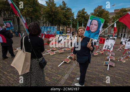 Plein, Den Haag, Niederlande. Mittwoch, 16. September 2020. Der heutige Protest gegen den Plein war nur eine von zahlreichen Demonstrationen, die weltweit abgehalten wurden, um das Leben politischer Gefangener zu retten, die im iranischen Evin Gefängnis festgehalten wurden. Zu Tage Demonstration war, um die Hinrichtung von einem zu bringen, am Morgen des Samstags 12. September 2020. Der 27-jährige Olympiasieger Navid Afkari, ein politischer Gefangener, wurde am frühen Morgen hingerichtet, trotz einer weltweiten Kampagne, die den Iran aufforderte, seine Hinrichtung zu widerrufen. Kredit: Charles M Vella/Alamy Live Nachrichten Stockfoto