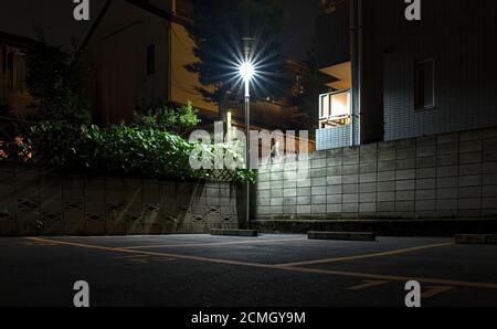 Nachtansicht eines kleinen ummauerten Parkplatzes umgeben von Wohnungen und Häusern, beleuchtet von einer einzigen Straßenbeleuchtung mit einer Katze sichtbar Stockfoto