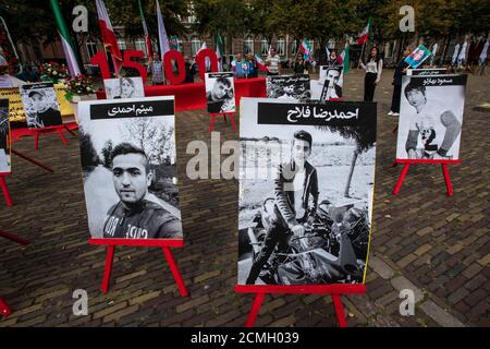 Plein, Den Haag, Niederlande. Mittwoch, 16. September 2020. Der heutige Protest gegen den Plein war nur eine von zahlreichen Demonstrationen, die weltweit abgehalten wurden, um das Leben politischer Gefangener zu retten, die im iranischen Evin Gefängnis festgehalten wurden. Zu Tage Demonstration war, um die Hinrichtung von einem zu bringen, am Morgen des Samstags 12. September 2020. Der 27-jährige Olympiasieger Navid Afkari, ein politischer Gefangener, wurde am frühen Morgen hingerichtet, trotz einer weltweiten Kampagne, die den Iran aufforderte, seine Hinrichtung zu widerrufen. Kredit: Charles M Vella/Alamy Live Nachrichten Stockfoto