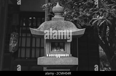 Blick auf japanische Maneki-Neko 'winkende Katze' Figuren in und auf einer steinernen Laterne, am Gotokuji Tempel in Tokyo Stockfoto