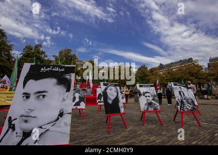 Plein, Den Haag, Niederlande. Mittwoch, 16. September 2020. Der heutige Protest gegen den Plein war nur eine von zahlreichen Demonstrationen, die weltweit abgehalten wurden, um das Leben politischer Gefangener zu retten, die im iranischen Evin Gefängnis festgehalten wurden. Zu Tage Demonstration war, um die Hinrichtung von einem zu bringen, am Morgen des Samstags 12. September 2020. Der 27-jährige Olympiasieger Navid Afkari, ein politischer Gefangener, wurde am frühen Morgen hingerichtet, trotz einer weltweiten Kampagne, die den Iran aufforderte, seine Hinrichtung zu widerrufen. Kredit: Charles M Vella/Alamy Live Nachrichten Stockfoto