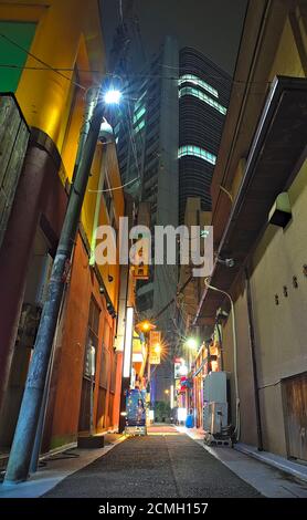 Nachtansicht einer gut beleuchteten Gasse mit mehreren Bars und Restaurants in ihr und ein großes Bürogebäude gleich hinter dem Ogikubo Bahnhof, Tokyo Stockfoto