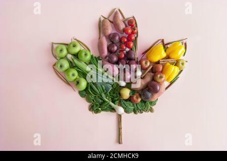 Herbst saisonale Früchte und Gemüse in der Form eines Ahornblattes Stockfoto
