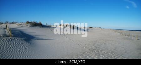 Seascape Weitwinkelansicht mit Sanddüne, kleinen Grasbüscheln und Schatten von der Morgensonne. Auch ein wolkenloser blauer Himmel auf Assateague Maryland. Stockfoto