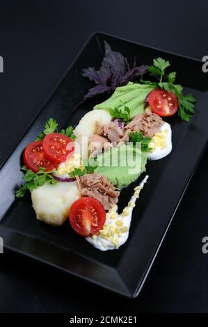 Thunfisch in Dosen mit Garnierung, Kartoffelpüree mit Avocado. Stockfoto