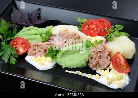 Thunfisch in Dosen mit Garnierung, Kartoffelpüree mit Avocado. Stockfoto