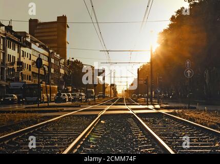 Gleise und Oberleitungen der Stadtbahn in warmem Rücklicht in der Mitte einer großen Stadtstraße. Stockfoto